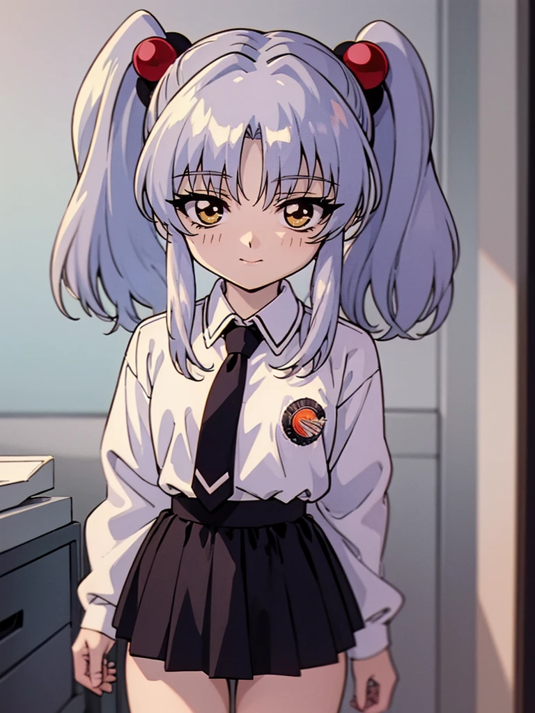 NFSW, (Masterpiece, Top Quality), 1 girl, RH, アニメ, 13-year-old, bedroom with lights out, standing, from front, high definition, Japan, smile, (silver hair), twin tails, medium hair, red hair bobbles, hair ornament, long sleeves, white shirt, necktie, collared shirt, orange jacket, black skirt, 1990s anime style,  Small breasts