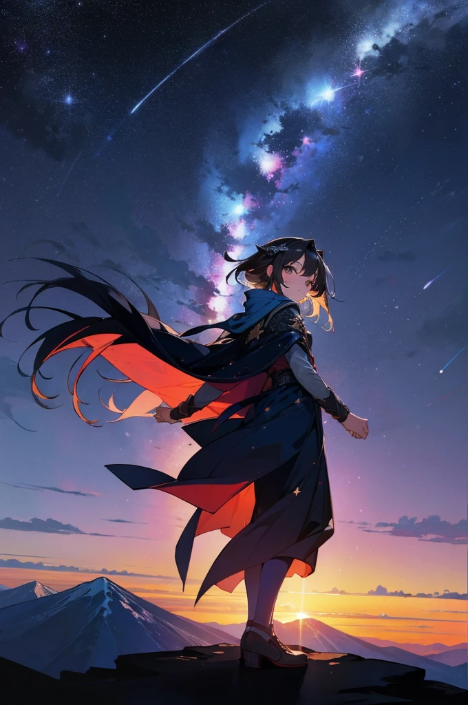 Beautiful girl, At the top of the mountain, Night view, Night Sky, Starry Sky, Asahi