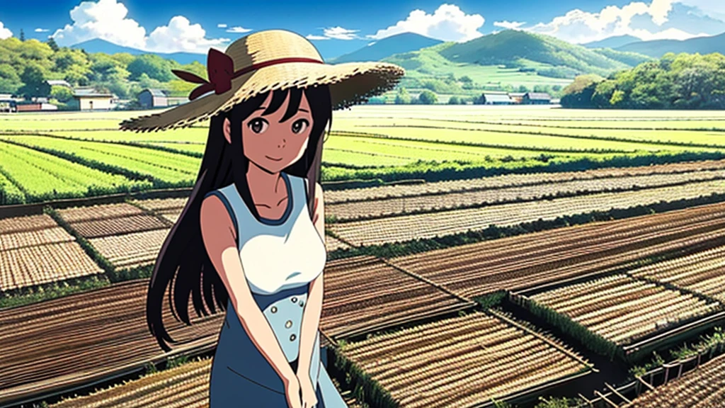 View from the summit,Small seedlings growing in rice paddies,Rice cultivation,Rice transplanter,Ai Fukuhara,Purple long hair,Large Breasts,Brown eyes,smile,Straw hat