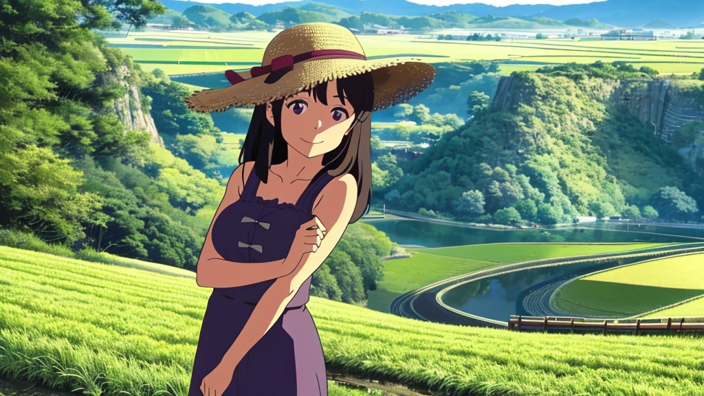 View from the summit,Small seedlings growing in rice paddies,Rice cultivation,Rice transplanter,Ai Fukuhara,Purple long hair,Large Breasts,Brown eyes,smile,Straw hat