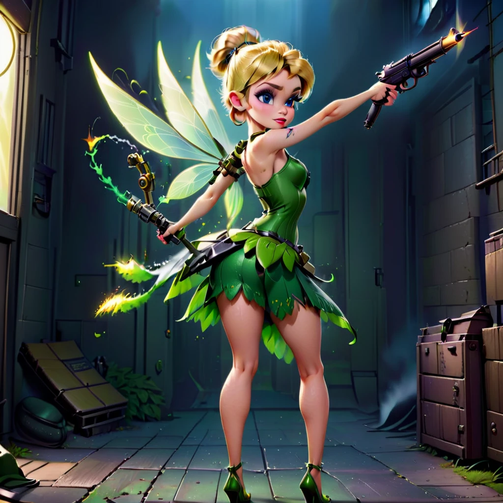 evil Tinkerbell with tattoos and a gun. wears military clothing