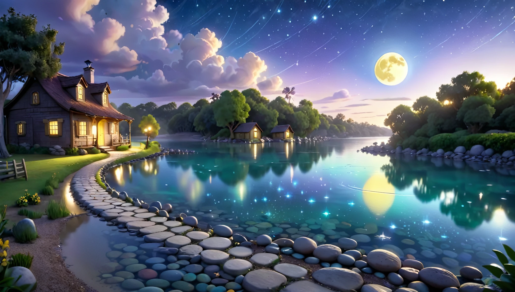 A beautiful calm and peaceful lagoon that reflects the brightness of the stars and moonlight, the stars and the moon have a yellow hue in a starry sky at the bottom of the lagoon cutting horizontally through the landscape we see a little road made of shiny pebbles that passes in front of the little house of a farm. disney pixar style