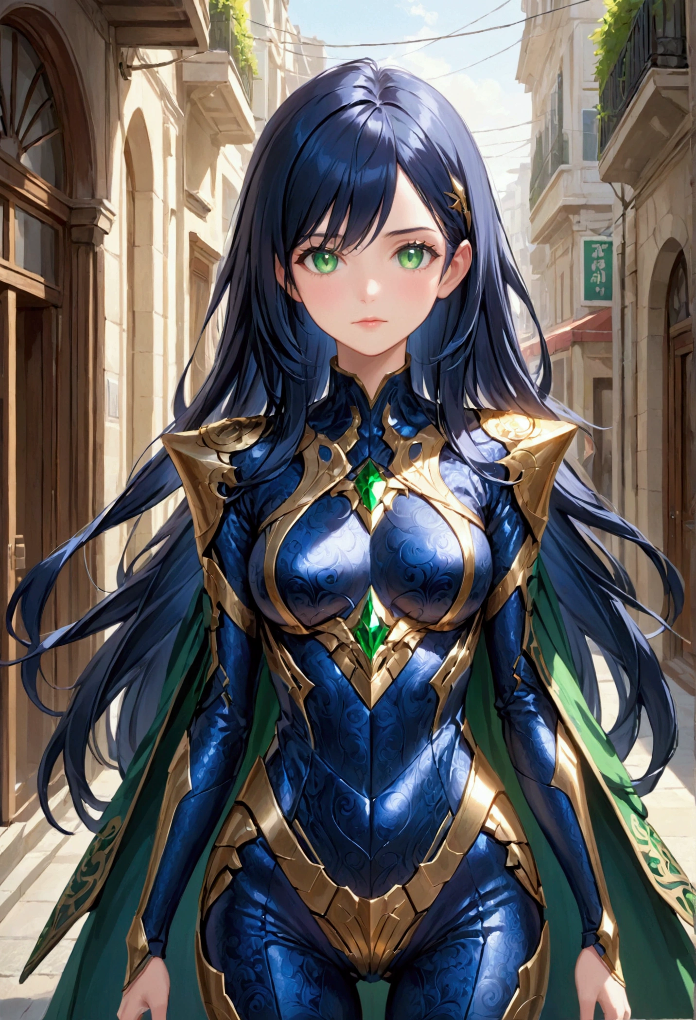 Girl with dark blue hair, green eyes,tall rectangular body figure, mature, outrider outfit