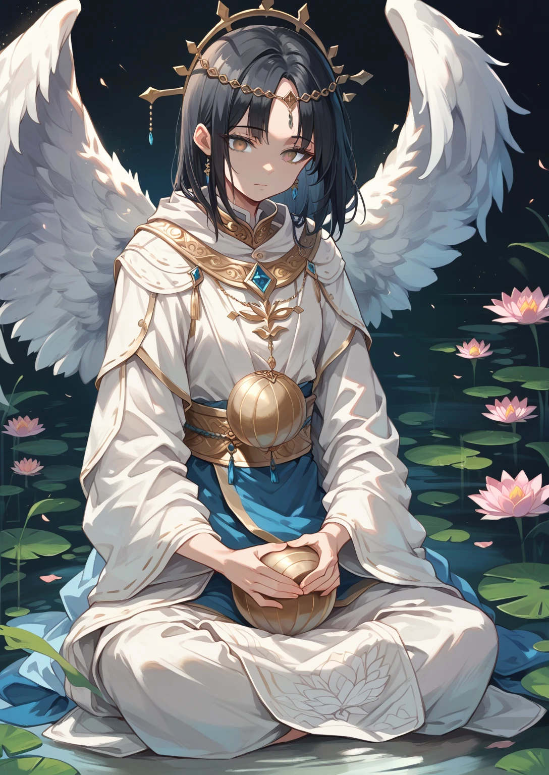 Painting of an angel sitting in a lotus position., Goddess of love and peace, bodhisattva, , queen , meditate , Gray eyes ,black hair , holding a round ball