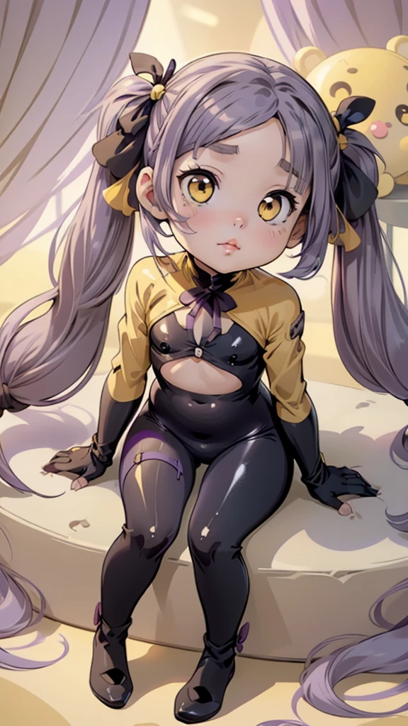 One girl,(((Young face))),((Short))、(((Round face)))、(((Yellow Eyes)))、(((Light purple hair)))、((Twin tails long enough to reach the ground))、(((long hair)))、(Black Ribbon),Red lips,Cute Face, Sitting,Wearing a full body suit,Black bodysuit,Shiny bodysuit ,Underbust, shirt,(Browsing Caution:0.55), ((flat chest, Flat Stomach, Baby Face)), (Vibrant colors)