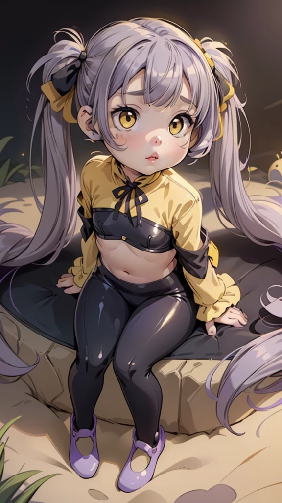 One girl,(((Young face))),((Short))、(((Round face)))、(((Yellow Eyes)))、(((Light purple hair)))、((Twin tails long enough to reach the ground))、(((long hair)))、(Black Ribbon),Red lips,Cute Face, Sitting,Wearing a full body suit,Black bodysuit,Shiny bodysuit ,Underbust, shirt,(Browsing Caution:0.55), ((flat chest, Flat Stomach, )), (Vibrant colors)