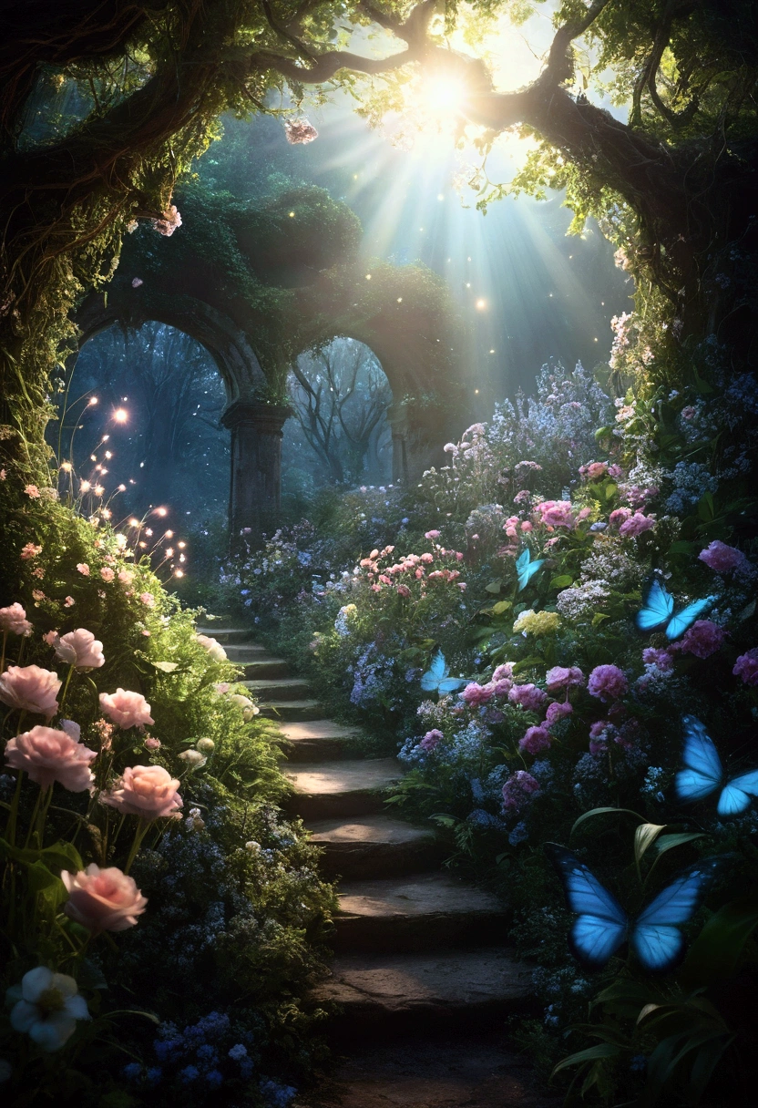 A mystical and ethereal scene with stars, flowers, natural light. It is all made up of light and luminance., (best quality, 4K,8k, high resolution, masterpiece:1.2), (Upper body close-up angle), very detailed (realistic) , realistic, realistic):1.37),movie lights,dramatic atmospheric lighting,vivid colors,fancy,초realistic,luminous,dreamlike,ethereal,magical,convoluted details,lush vegetation,quiet,feeble,convoluted,elegant,soft focus ,feels like a movie, dramatic, great composition