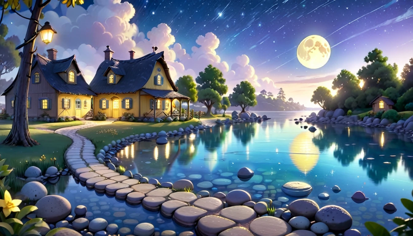 A beautiful calm and peaceful lagoon that reflects the brightness of the stars and moonlight, the stars and the moon have a yellow hue in a starry sky at the bottom of the lagoon cutting horizontally through the landscape we see a little road made of shiny pebbles that passes in front of the little house of a farm. disney pixar style