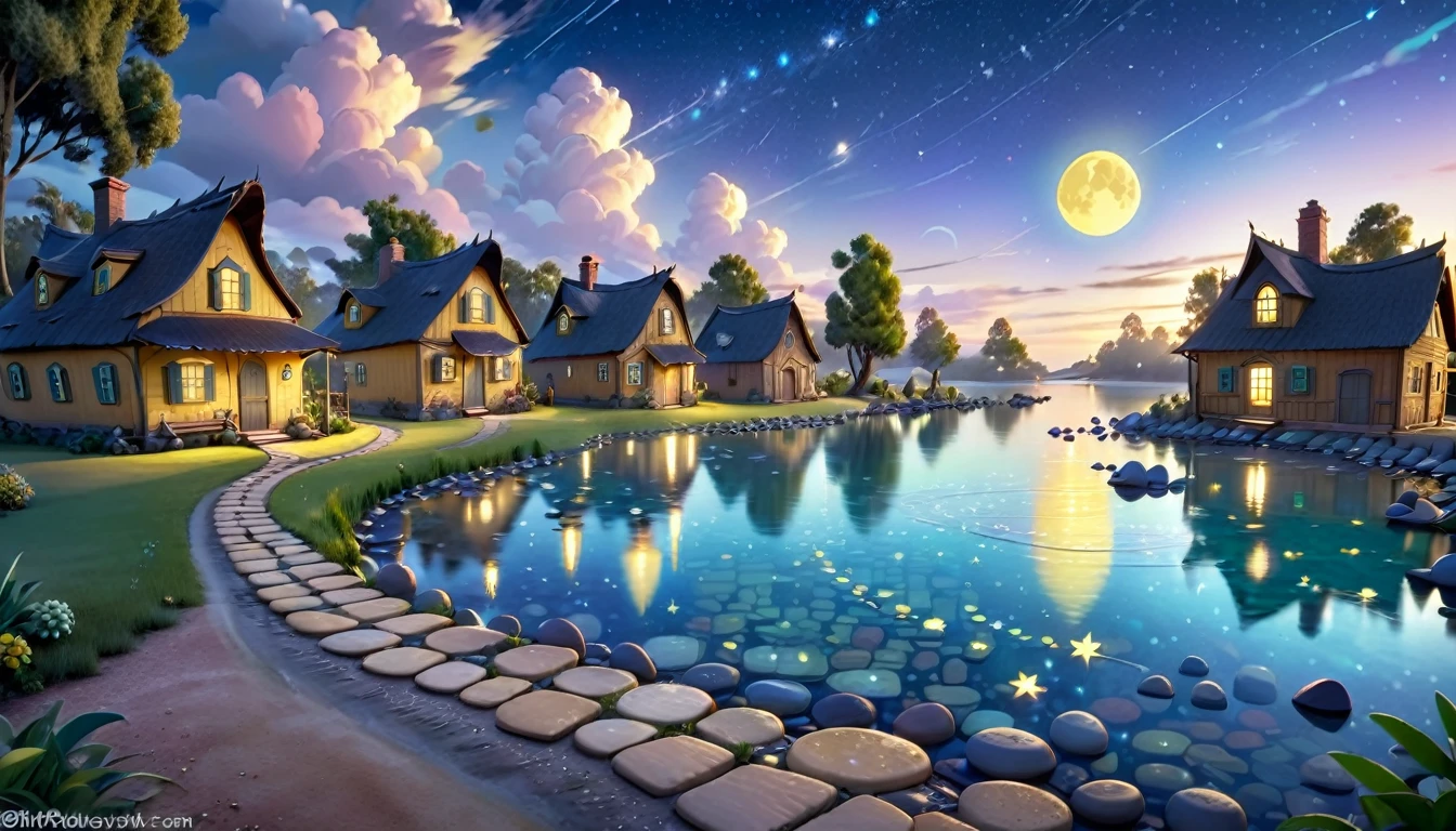 A beautiful calm and peaceful lagoon that reflects the brightness of the stars and moonlight, the stars and the moon have a yellow hue in a starry sky at the bottom of the lagoon cutting horizontally through the landscape we see a little road made of shiny pebbles that passes in front of the little house of a farm. disney pixar style