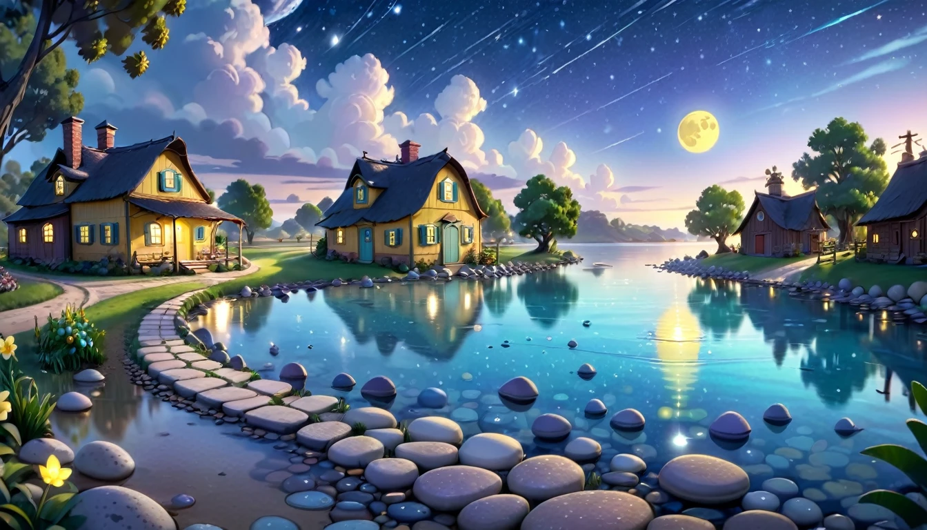 A beautiful calm and peaceful lagoon that reflects the brightness of the stars and moonlight, the stars and the moon have a yellow hue in a starry sky at the bottom of the lagoon cutting horizontally through the landscape we see a little road made of shiny pebbles that passes in front of the little house of a farm. disney pixar style