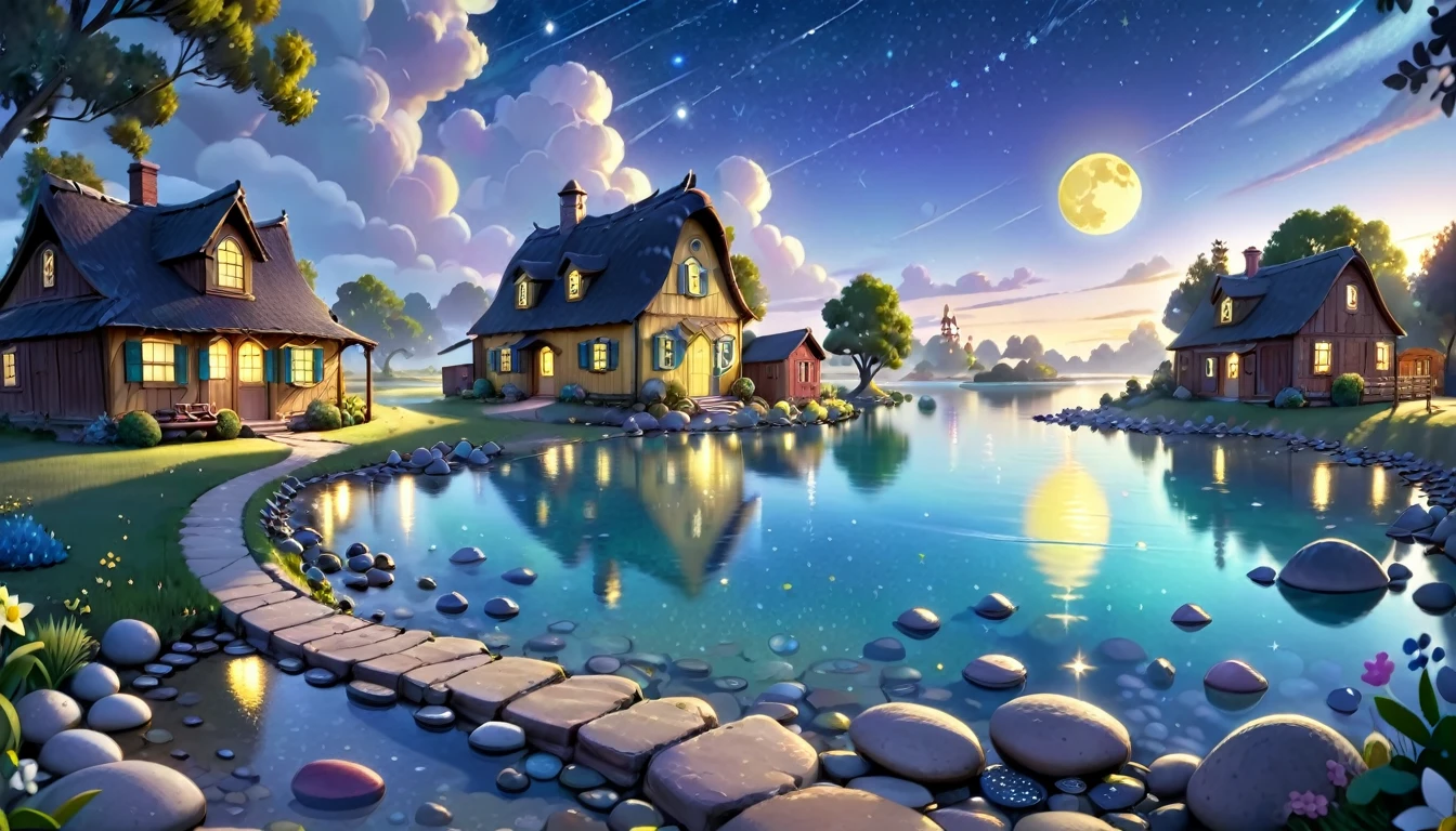 A beautiful calm and peaceful lagoon that reflects the brightness of the stars and moonlight, the stars and the moon have a yellow hue in a starry sky at the bottom of the lagoon cutting horizontally through the landscape we see a little road made of shiny pebbles that passes in front of the little house of a farm. disney pixar style