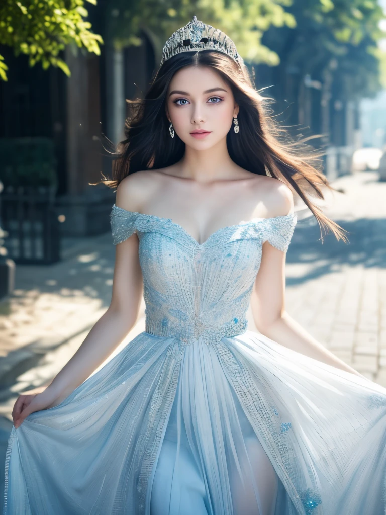 A beautiful young princess with dark hair and blue eyes, Ultra high definition,High resolution,8k Raw Photo:1.5, She is wearing a beautiful long white dress,