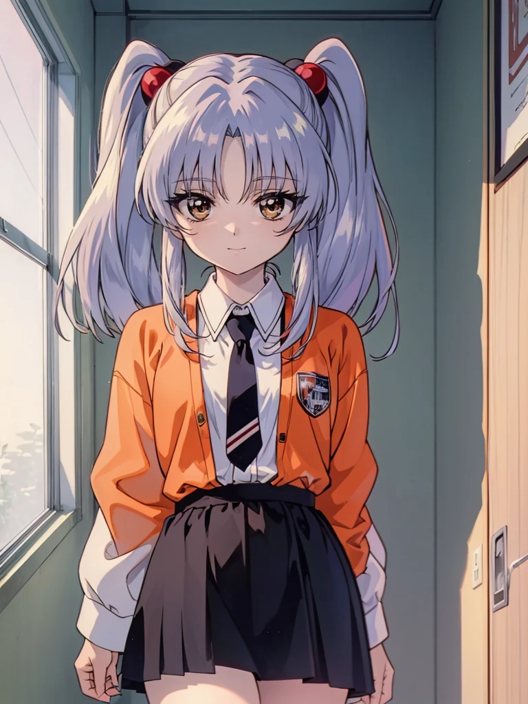 NFSW, (Masterpiece, Top Quality), 1 girl, RH, アニメ, 13-year-old, bedroom with lights out, standing, from front, high definition, Japan, smile, (silver hair), twin tails, medium hair, red hair bobbles, hair ornament, long sleeves, white shirt, necktie, collared shirt, orange jacket, black skirt, 1990s anime style,  Small breasts