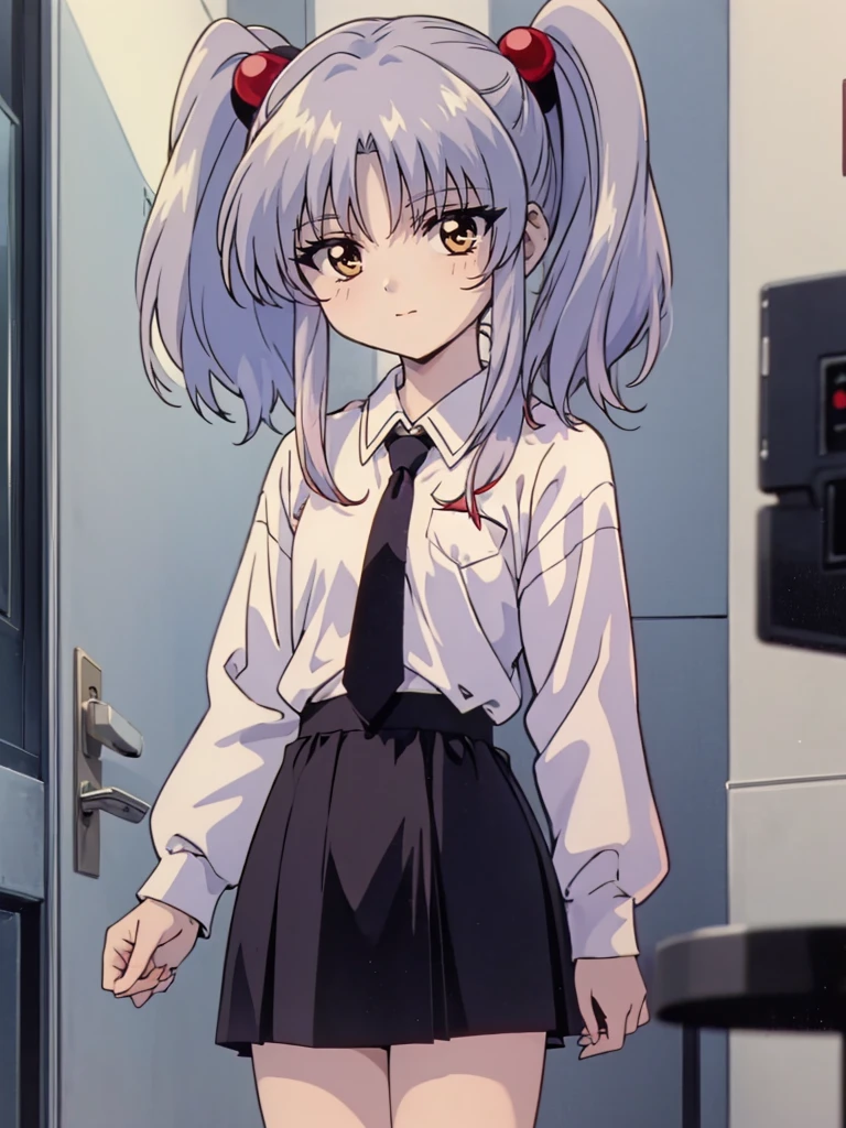 NFSW, (Masterpiece, Top Quality), 1 girl, RH, アニメ, 13-year-old, bedroom with lights out, standing, from front, high definition, Japan, smile, (silver hair), twin tails, medium hair, red hair bobbles, hair ornament, long sleeves, white shirt, necktie, collared shirt, orange jacket, black skirt, 1990s anime style,  Small breasts