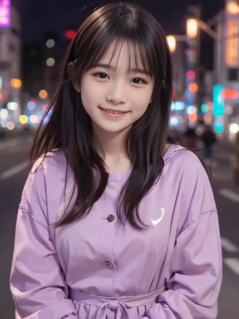 Photorealistic, 8k full-length portraits, Beautiful Women, A charming expression, sixteen years old, TOKYO city, Shibuya in the background smile, background light purple