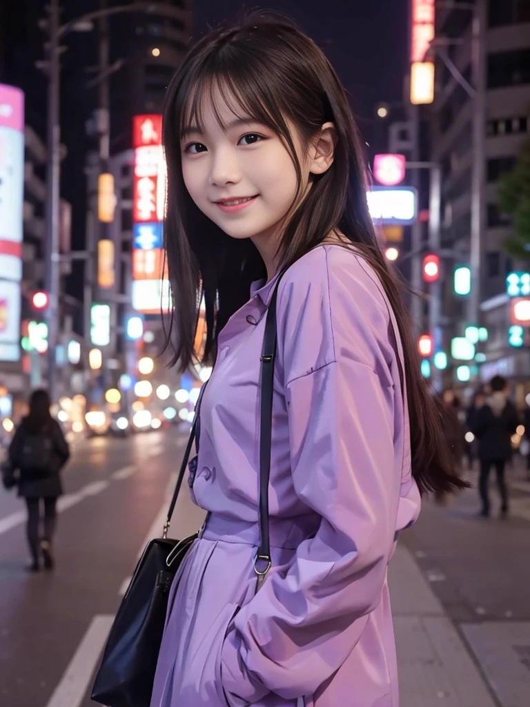 Photorealistic, 8k full-length portraits, Beautiful Women, A charming expression, sixteen years old, TOKYO city, Shibuya in the background smile, background light purple