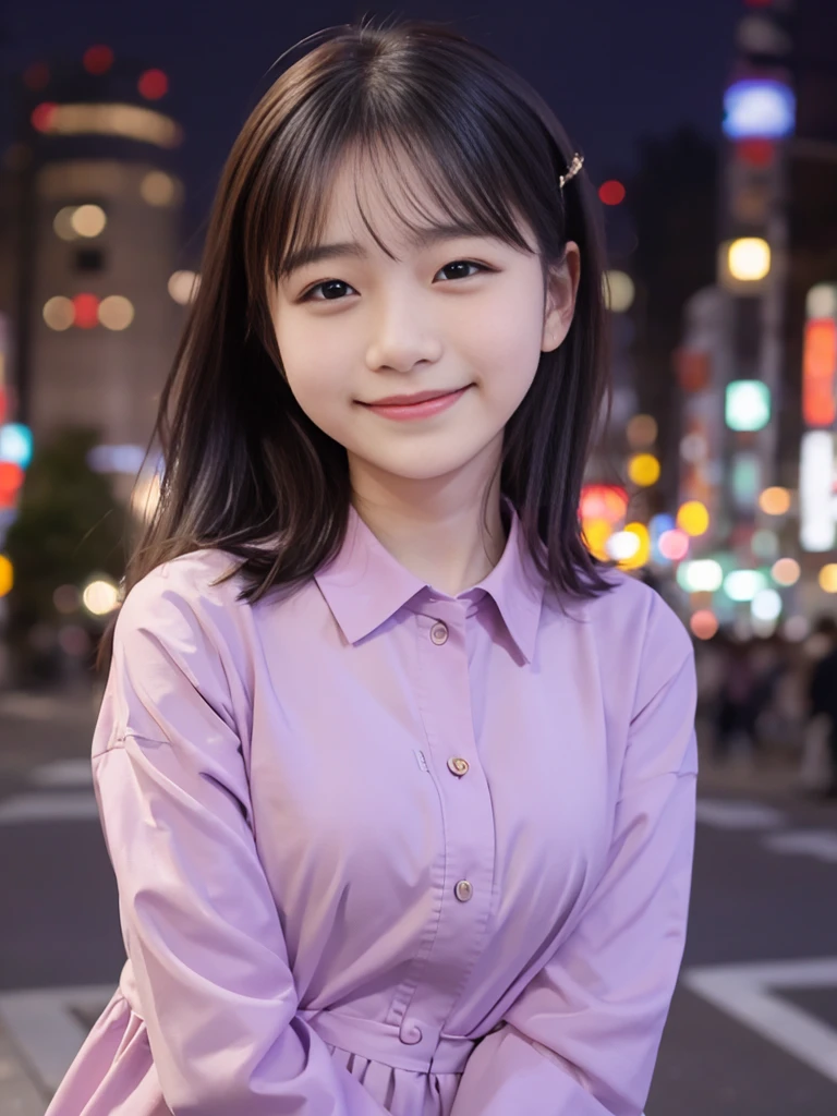 Photorealistic, 8k full-length portraits, Beautiful Women, A charming expression, , TOKYO city, Shibuya in the background smile, background light purple