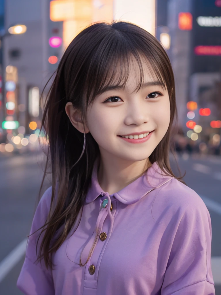 Photorealistic, 8k full-length portraits, Beautiful Women, A charming expression, sixteen years old, TOKYO city, Shibuya in the background smile, background light purple