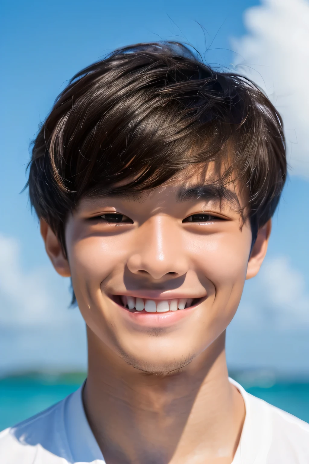 Highest quality, masterpiece, Ultra-high resolution, (Realistic: 1.4), Original photo, wallpaper, Head Photo, skin, Simple Background, Iris, detailed, Selfie, 1 boy, 18-year-old, good looking, Wind,Asahi、island、smile