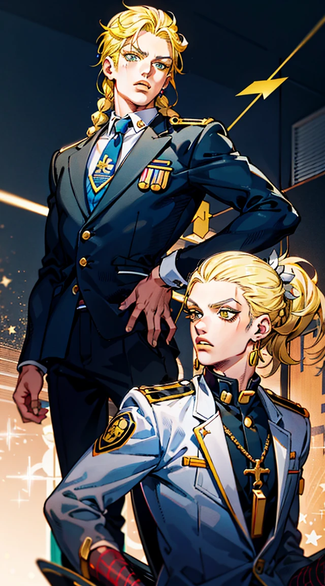 air:1.1, ((Focus Only)), close, ((Araki Style)) ((wear)), In a black suit:1.2, Yellow Hair, Blonde,Long hair up,Cylinder hairstyle:1.3,Horse Braids:1.1, Arrow shaped earrings:1.2, White letters on the sleeves of the uniform,  male, Chapped lips, Strike a Pose, Chareter Nijimura Keicho,Keicho Nijimura:1.2,Jojo:Shake it quickly, Keicho Nijimura - Jojo&#39;s Bizarre Adventure [The diamond is under the cable],figure, Line art, Bold colors, First Job, manga art, Highest quality, digitalization, tone, figure, anime,  Coloring, Flat black background, gakuran, Japanese ,,(Yellow Hair:1.2)
