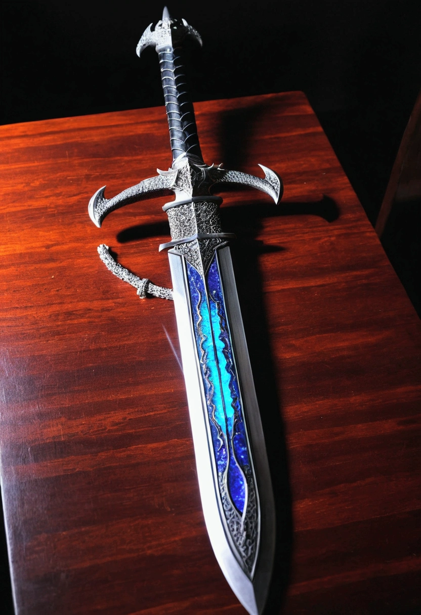 A Silver dragon sword inlaid with LEDs,Placed on the table