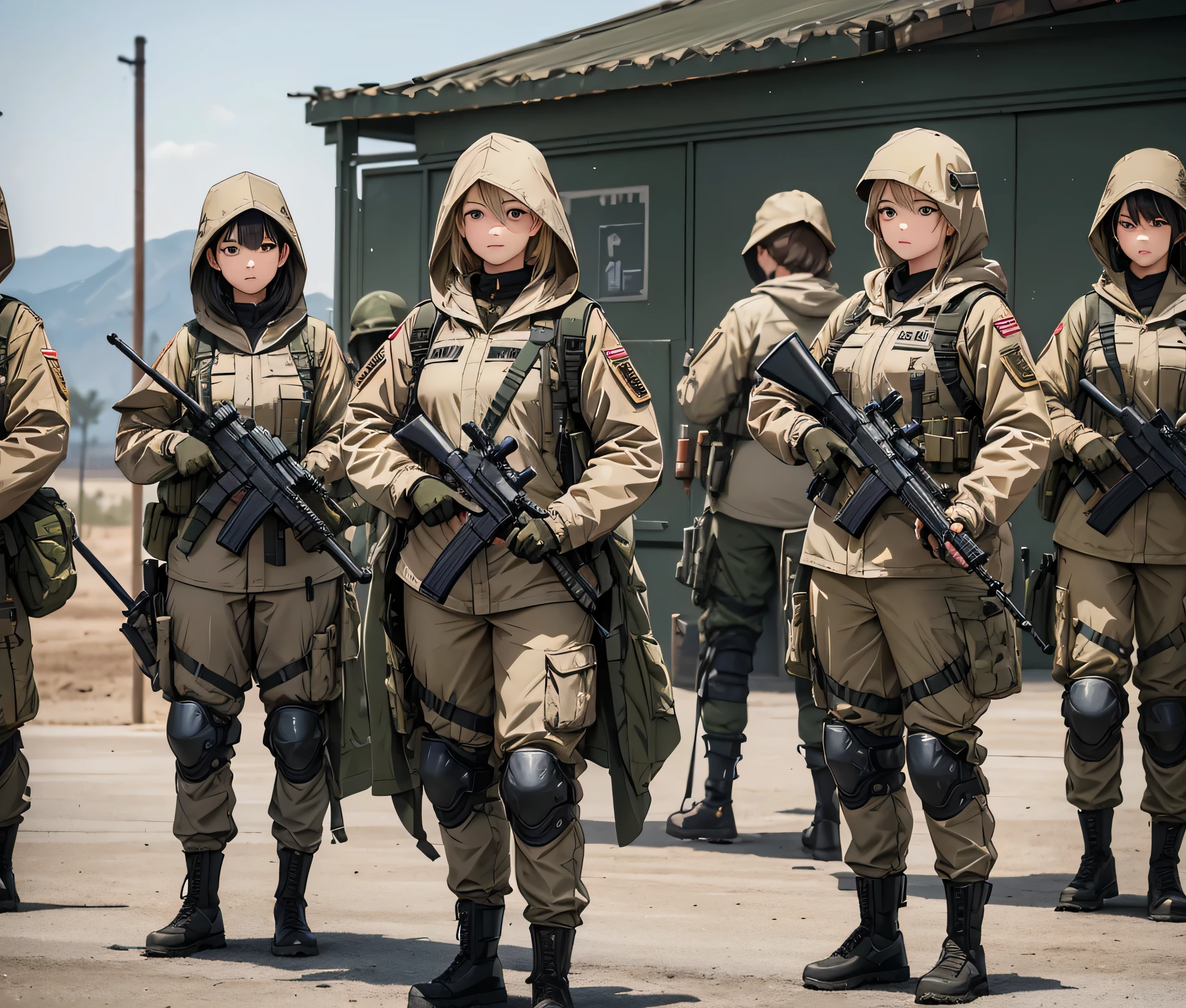 A group of female soldiers with guns standing guard，All wear beige M-51 hooded military uniforms、Hooded on head、Individual equipment set、Military Pants、Knee pads，Write details、masterpiece、best quality、Highly detailed CG、8K picture quality。