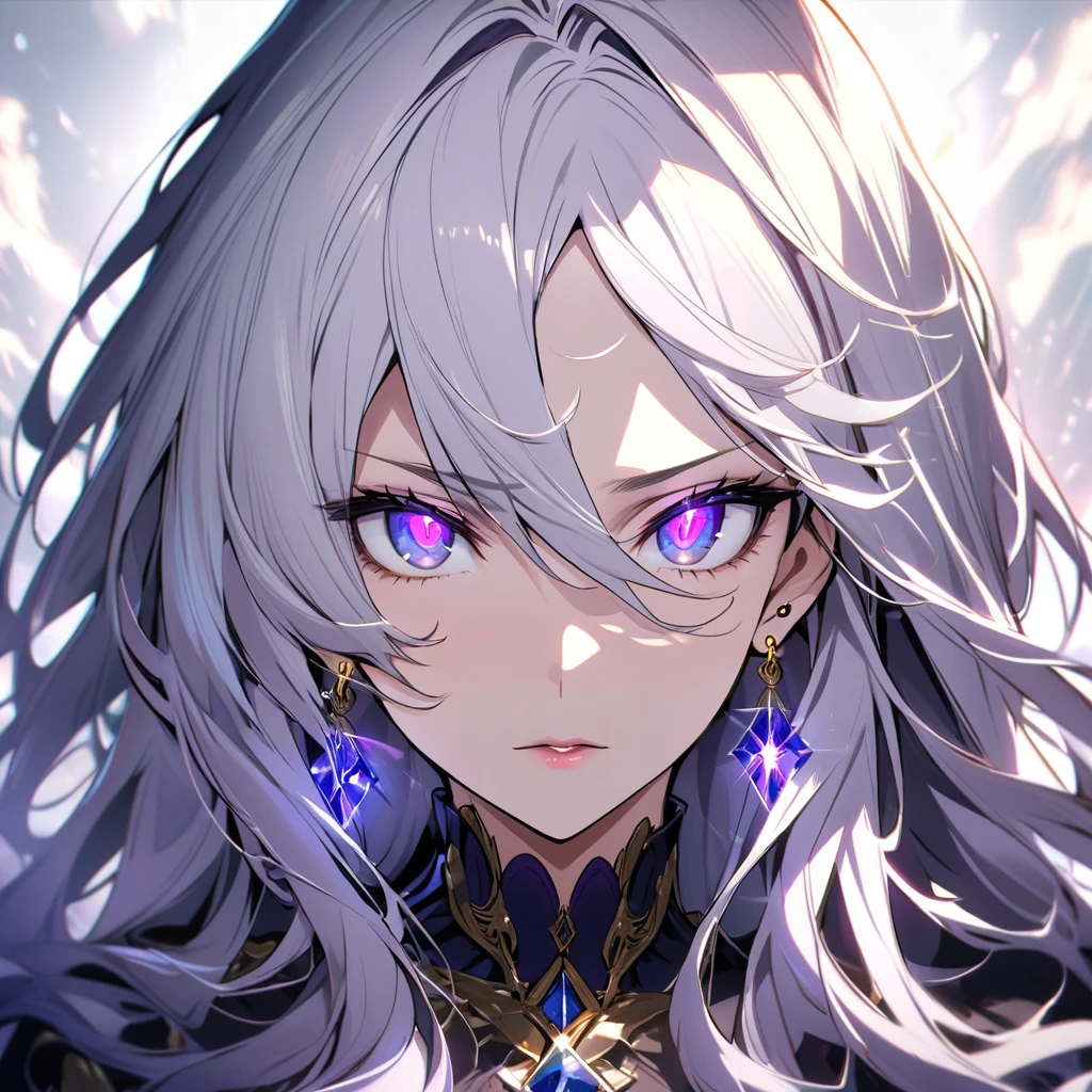 woman, blue eyes, long hair, white hair, mature, god eyes, diamond earings, glowing right eyes, two colors eyes, purple eyes, glowing eyes