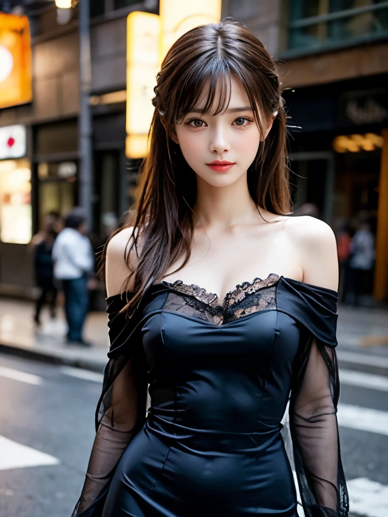 (masterpiece:1.2, Highest quality), (Realistic, photoRealistic:1.4), Shibuya at night、
View your viewers, whole body, Front view:0.6, One 20-year-old girl、
Japanese, (bangs、Brown long hair:1.5), Hair fluttering, (Half Up, Half Updo), Hair between the eyes, Big Breasts:0.8,
Beautiful Hair, Beautiful Face, Beautiful Eyes, Beautiful clavicle, Beautiful body, Beautiful breasts, Beautiful thighs, Beautiful feet, Beautiful fingers,
(Beautiful views),
((black off shoulder dress、Lace dress)), smile