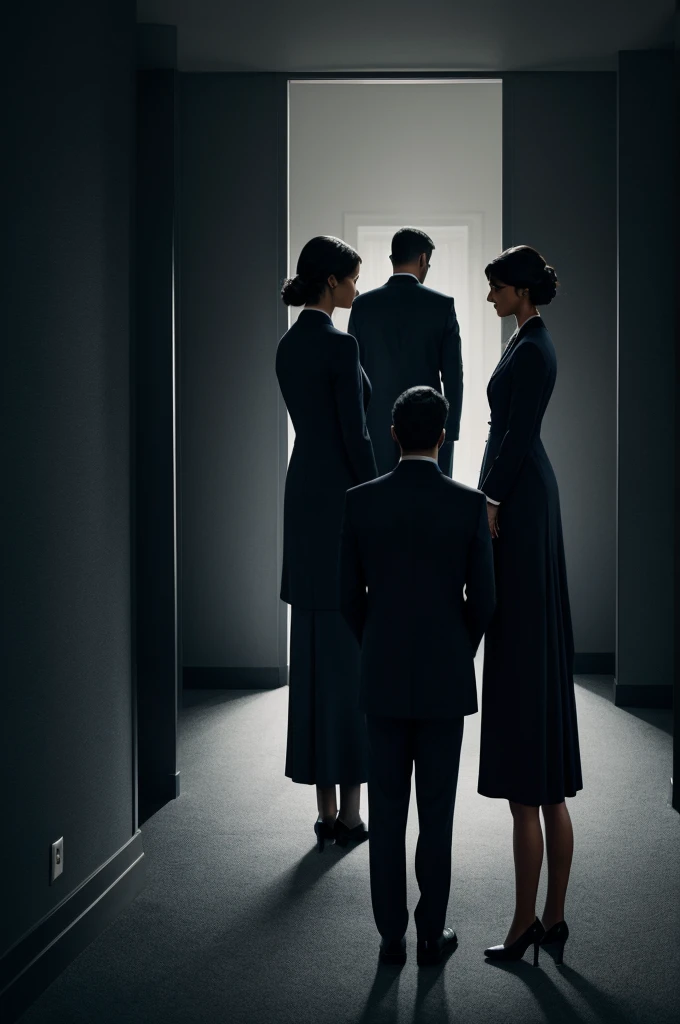 Navy blue or anthracite gray for a melancholy feel. A man in a suit standing in the center, looking down in front serious. Diffuse silhouettes in the background representing two women, and a family home, subtle and barely noticeable.