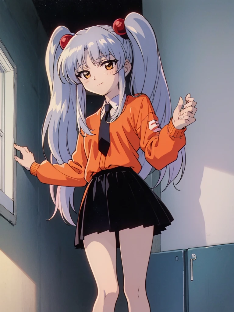 NFSW, (Masterpiece, Top Quality), 1 girl, RH, アニメ, 13-year-old, bedroom with lights out, standing, from front, high definition, Japan, smile, (silver hair), twin tails, medium hair, red hair bobbles, hair ornament, long sleeves, white shirt, necktie, collared shirt, orange jacket, black skirt, 1990s anime style,  Small breasts