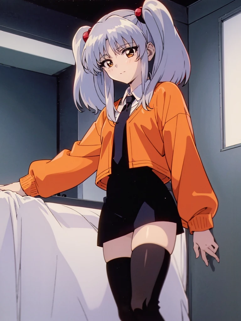 NFSW, (Masterpiece, Top Quality), 1 girl, RH, アニメ, 13-year-old, bedroom with lights out, standing, from front, high definition, Japan, smile, (silver hair), twin tails, medium hair, red hair bobbles, hair ornament, long sleeves, white shirt, necktie, collared shirt, orange jacket, black skirt, 1990s anime style,  Small breasts