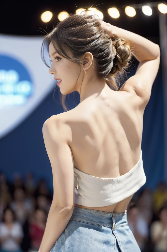 (((best quality))),(((ultra detailed))),(((masterpiece))),illustration,((a beautiful girl,solo)),(shoulder length straight hair:1.2),((slim,thin)),((strapless,shoulder off,bare back,towering hips,butt crack)),(white tank top:1.5),(blue mini-skirt:1.3),(slender legs:1.2),(sneakers:1.3),(standing:1.3),(on the stage:1.3),((outside a shopping mall, at the entrance of a beer promotional event)),((surrounded by crowded crowds)),((hair and skirt fluttering in the air)),expressive eyes,infectious smile,the stage adorned with colorful decorations,vibrant atmosphere,(night scene:1.3),(from back:1.3),(upper body:1.3),