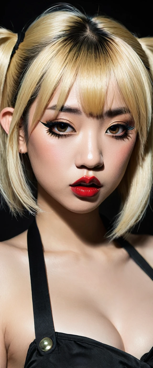 Draw an Asian  blond female character , with a pig nose , called Mya Aeon, dressed in the style of singer Destroy X from the band Angelspit
