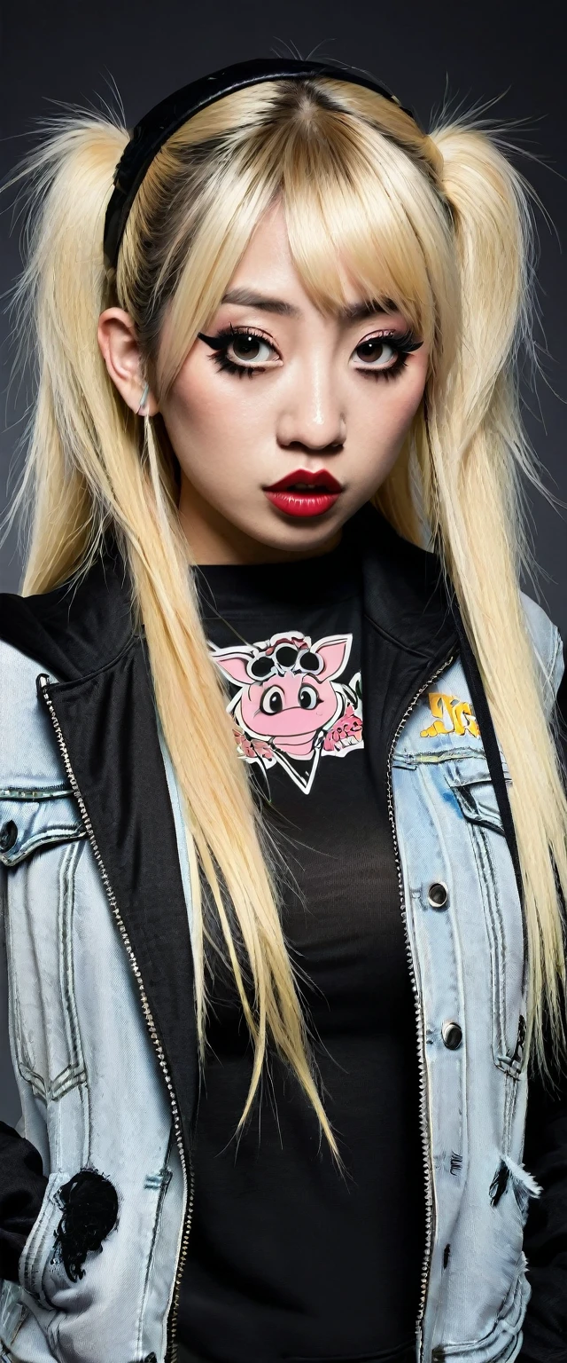 Draw an Asian blond female character , with a pig nose , called Mya Aeon, dressed in the style of singer Destroy X from the band Angelspit