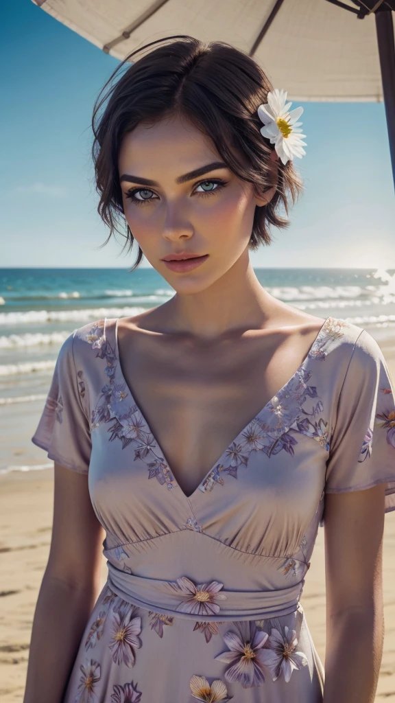 (nnlnnx_1985-1987_v1.4g:0.5), nnlnnx, short hair, (sharp focus:1.2), portrait, attractive young woman, (beautiful face:1.1), detailed eyes, luscious lips, (eye makeup:1.2), (tight body:1.2), wearing (flowery dress:1.2) at (the beach:1.2). (morning sun lighting:1.2), depth of field, bokeh, 4K, HDR. by (James C. Christensen:1.2|Jeremy Lipking:1.1).