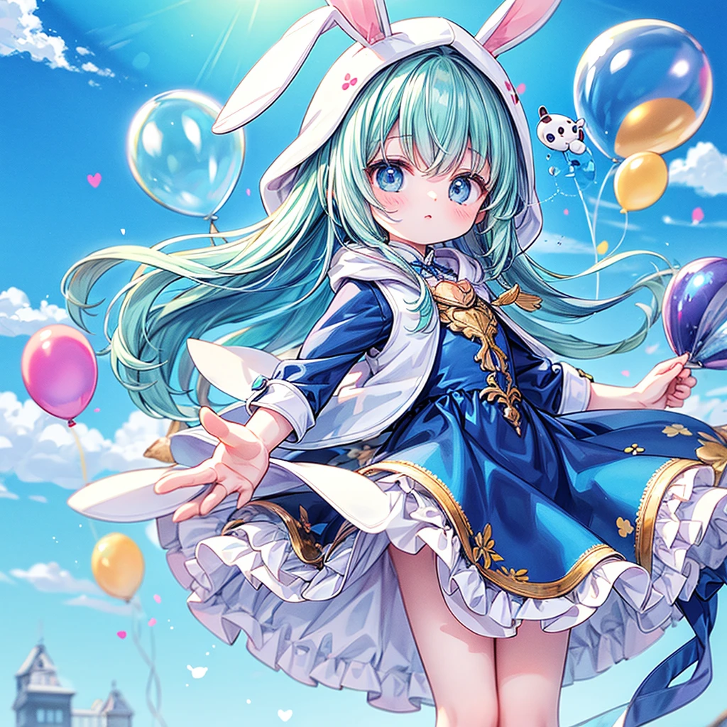 Highest quality、masterpiece、Official Art、16K、Super Fine、so beautiful、Ultra-fine、small、cute、Fly in the blue sky with lots of balloons、Blue costume with hood and rabbit ears、A world of soft and gentle pastel colors、anime