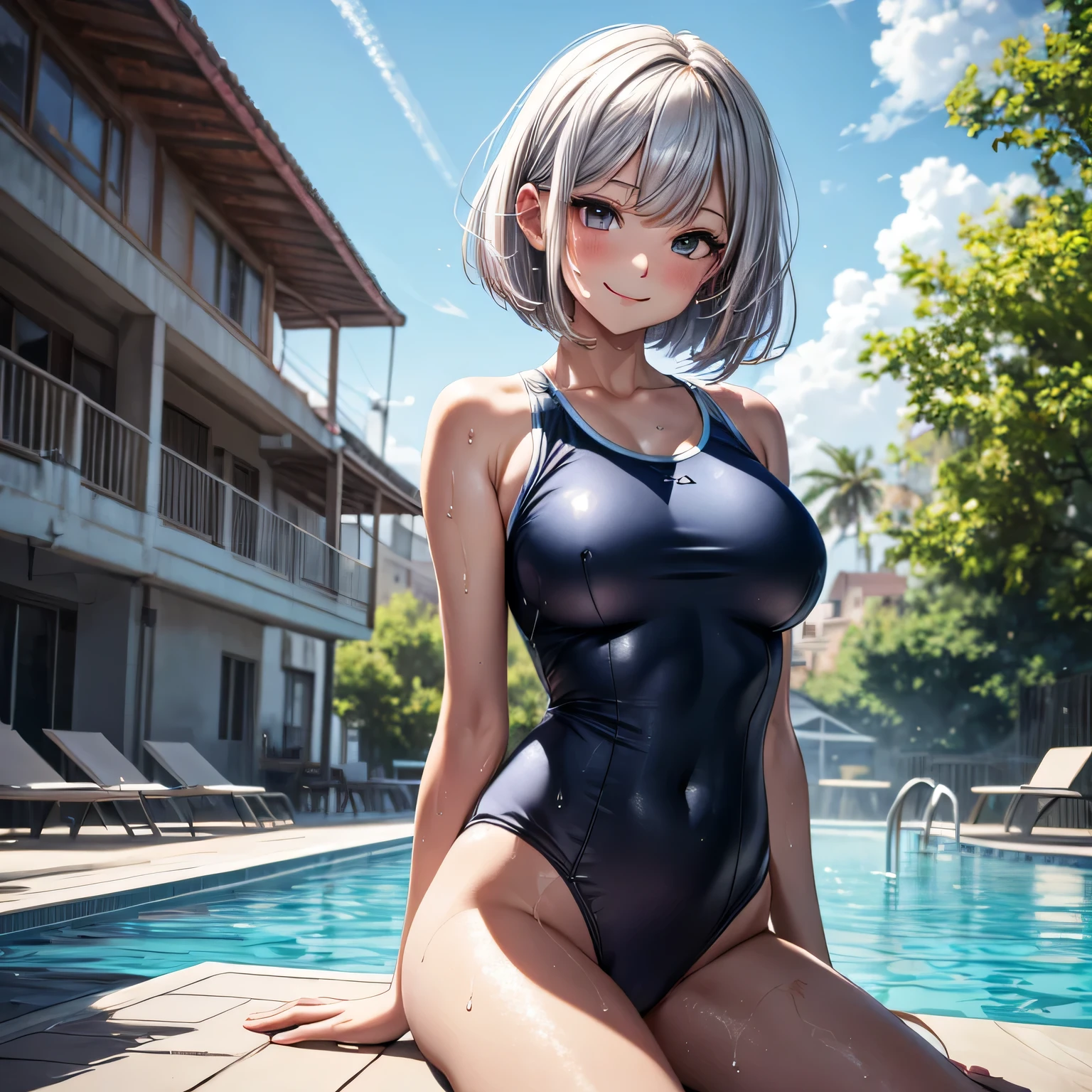 very cute and beautiful girl, (highly detailed beautiful face), (blue school swimsuit), sweat, wet, waterdrop, sitting, arms behind back, (pool side), summer, school swimming pool, (smile), happy, looking at viewer, platinum silver hair, bob cut, glossy silver eyes, large breasts, cowboy shot, (best quality, masterpiece), absurdres, highres, ultra-detailed, extremely detailed, 32k, cinematic scene, detailed background, solo, dynamic angle, hair fluttering in the wind, beautiful detailed sky, acrobatic pose,