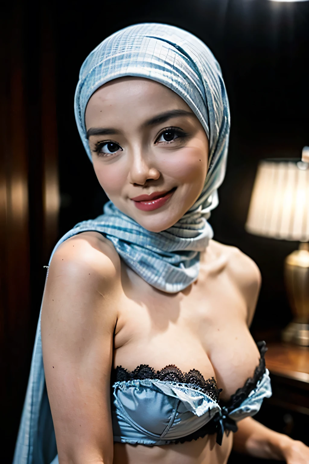 Malay women in hijab wearing sexy satin baby blue color strapless bra and panties, portrait photography, 35 years old, ultra detail, professional photograph with professional lighting, smile, sexy seducing pose, butt focused angle