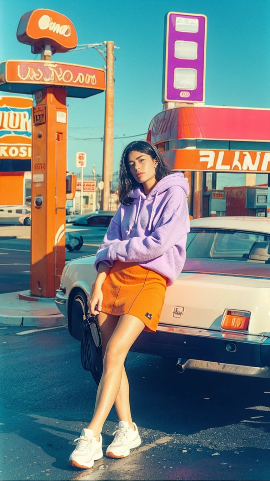 (medium shot portrait) of cute 23 yo girl ,wear ((orange color oversized_hoodie)), wear ((purple tennis skirt)),looking front,Best Quality,Masterpiece,Ultra High Resolution,(Realisticity:1.4),Original Photo, 1Girl, light leak,ultra high resolution,UHD,beautiful, (black straight hair), almond eye, no makeup, in front of ((80's los angels colorful gas station)), (realistic:1.2), (surreal:1.3), (very detailed:1.1), ((masterpiece)),summer, blue sky, palm trees,sunny, los angles vibes,film camera, 800mm lens,