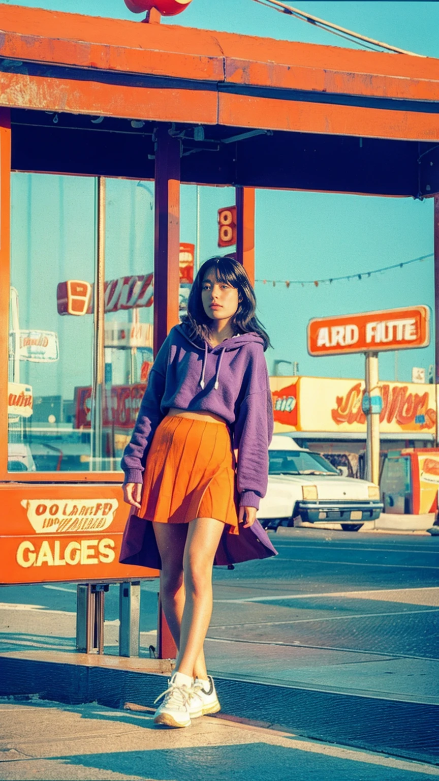 (medium shot portrait) of cute 23 yo girl ,wear ((orange color oversized_hoodie)), wear ((purple tennis skirt)),looking front,Best Quality,Masterpiece,Ultra High Resolution,(Realisticity:1.4),Original Photo, 1Girl, light leak,ultra high resolution,UHD,beautiful, (black straight hair), almond eye, no makeup, in front of ((80's los angels colorful gas station)), (realistic:1.2), (surreal:1.3), (very detailed:1.1), ((masterpiece)),summer, blue sky, palm trees,sunny, los angles vibes,film camera, 800mm lens,