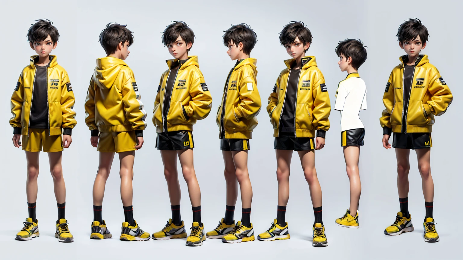 cute face boy, cute face, short height boy, wearing casual futuristic yellow color pent, full standing pose, short side style hairs, side short style hair, sports shoes, Character Sheet, , Full body, Simple white background, front pose character reference sheet, Concept art, design sheet