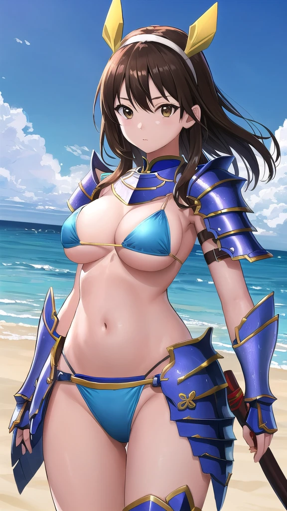 Art inspired by Masamune Shirow, Armor Girl, Bikini Armor, Bikini Armor, Bikini Armor female knight, Bikini Armor, tits, Knight Girl, tits、topless, White thighs,Vertical belly button、Skin radiance,Brown hair,White headband