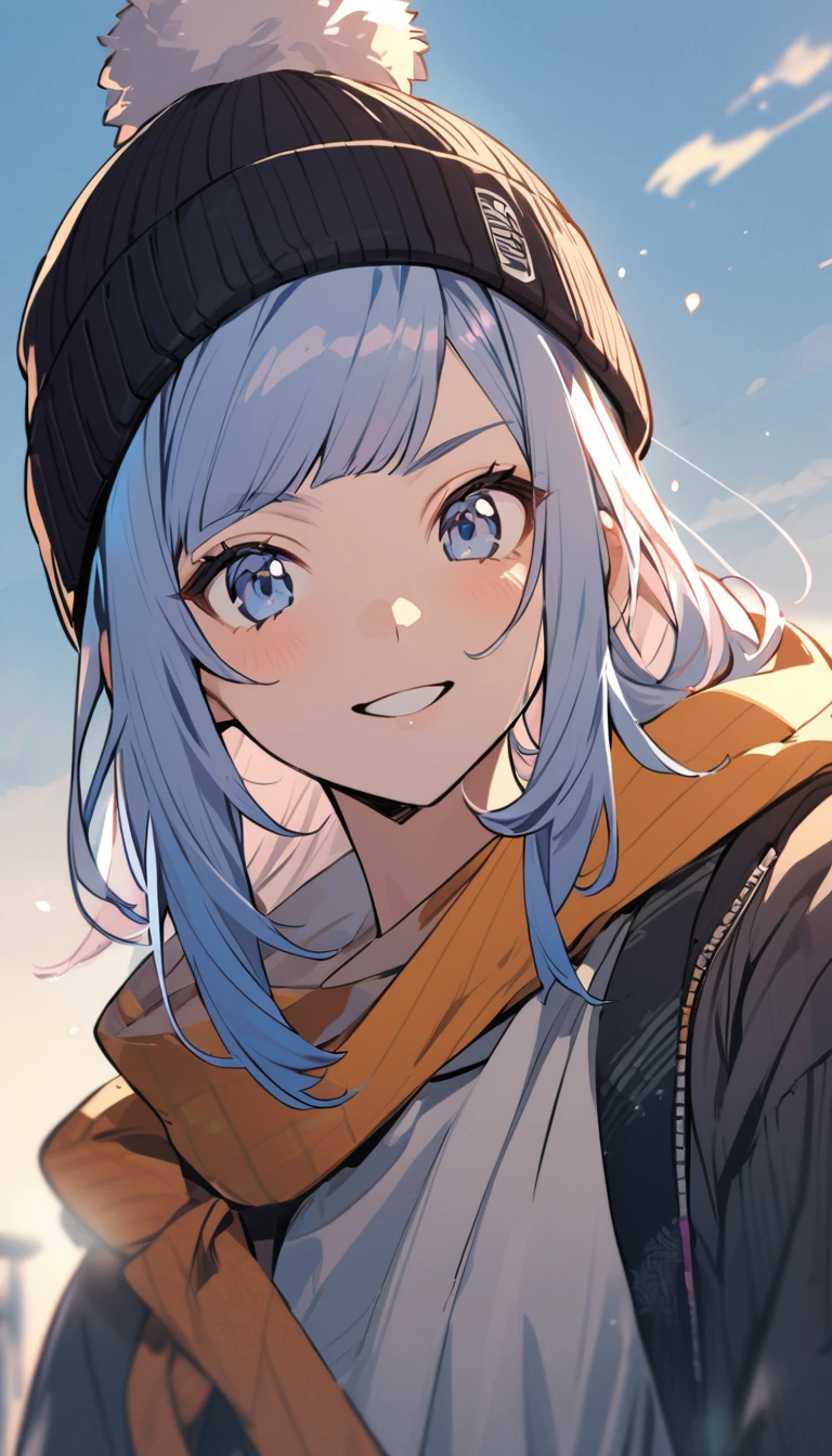 A girl with short blue hair and see through hair bangs , wearing a beanie,a japanese ,joyful,stoic,