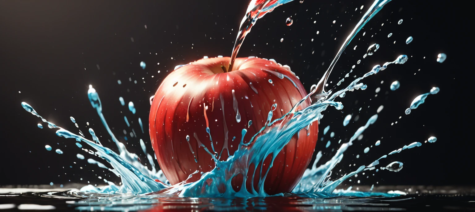 a close up of a red apple with water splashing off it, slow - mo high speed photography, high speed photography, super high speed photography, professional fruit photography, red apple, 4 k hd wallpapear, splashing, water splashing, super slowmotion, profile pic, simulation of water splashes, pouring, product photography 4 k, water particules