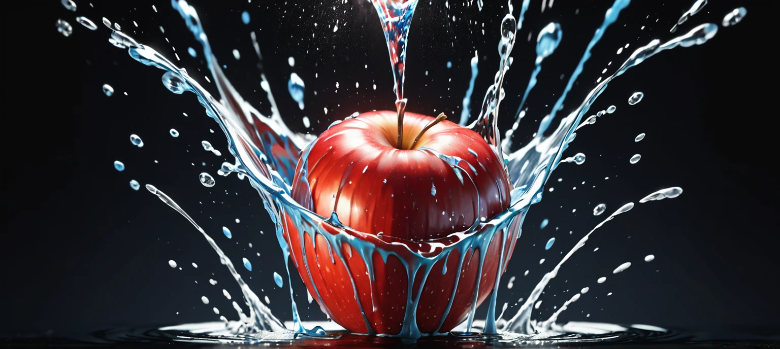 a close up of a red apple with water splashing off it, slow - mo high speed photography, high speed photography, super high speed photography, professional fruit photography, red apple, 4 k hd wallpapear, splashing, water splashing, super slowmotion, profile pic, simulation of water splashes, pouring, product photography 4 k, water particules