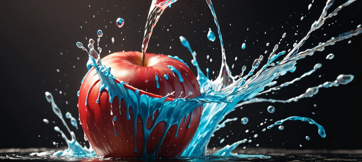 a close up of a red apple with water splashing off it, slow - mo high speed photography, high speed photography, super high speed photography, professional fruit photography, red apple, 4 k hd wallpapear, splashing, water splashing, super slowmotion, profile pic, simulation of water splashes, pouring, product photography 4 k, water particules