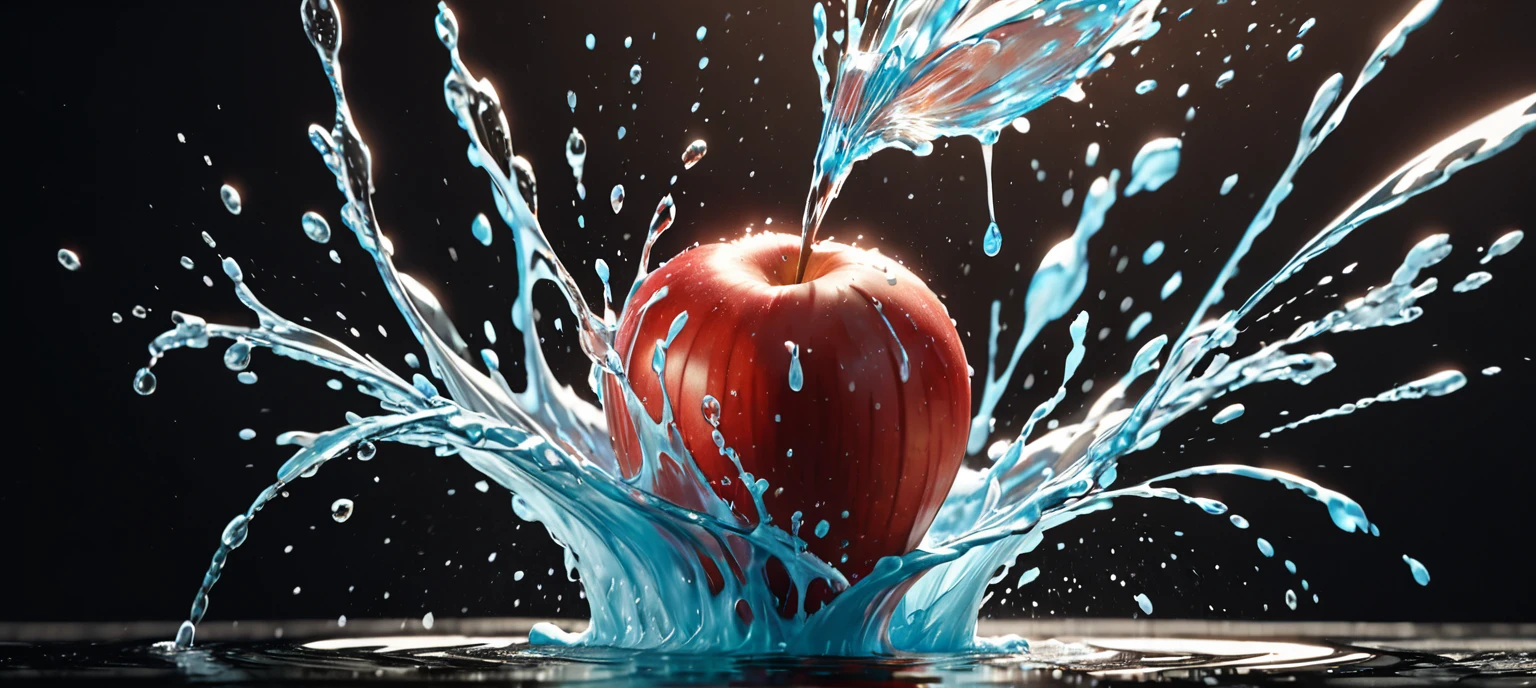 a close up of a red apple with water splashing off it, slow - mo high speed photography, high speed photography, super high speed photography, professional fruit photography, red apple, 4 k hd wallpapear, splashing, water splashing, super slowmotion, profile pic, simulation of water splashes, pouring, product photography 4 k, water particules