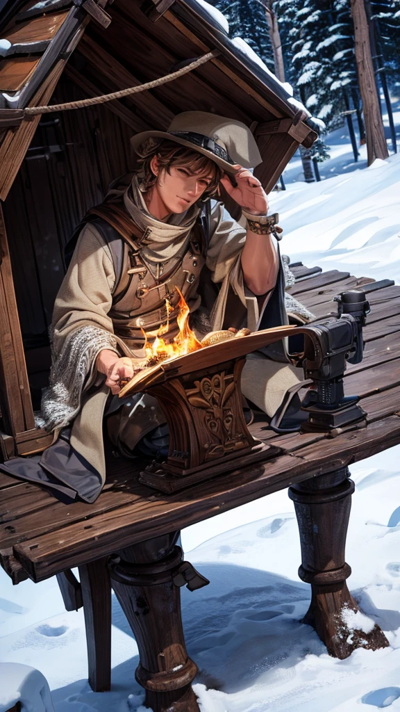 a men sitting on wooden chair in snow with fire camp , camera focus from far, detailed men, detailed face, detailed dress, detailed wooden chair, detailed fire, detailed camp, detailed dark night, best quality, highly detailed, masterpiece, 8k scene.