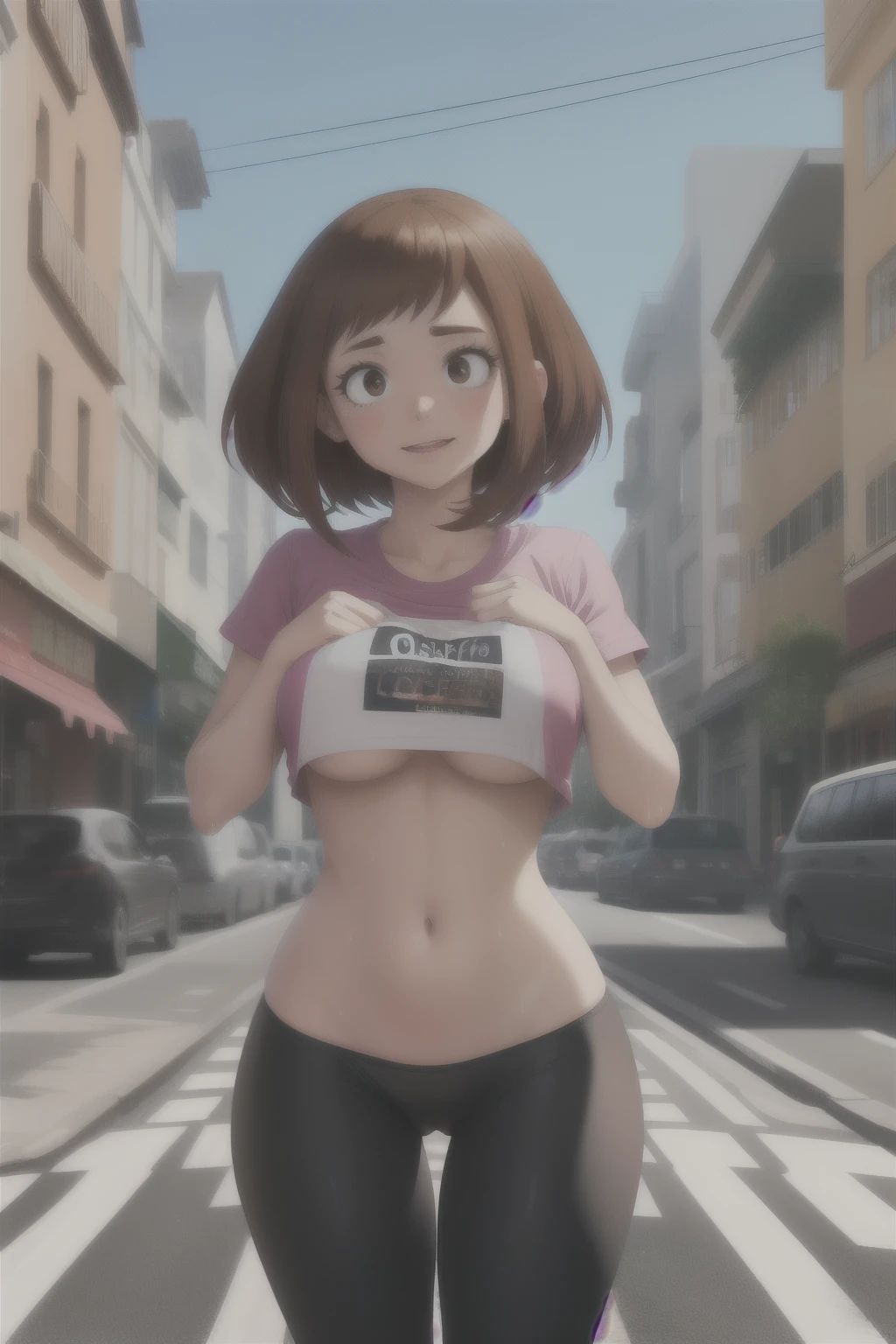 Photo of a coffee shop, wet street, buildings, busy street, cycle, garbage, Nostalgia, ultra quality, hyper detailed, Ochako Uraraka with a black thong and a T-shirt cut to the middle of her chest, breasts exposed up to half, hyper breasts