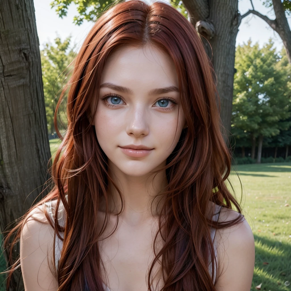 young woman, leaning against a tree, red hair, blue colored eyes, face turned towards the bonfire on the side, fine nose, medium lips, shy smile, flowing hair, esboço de drawning, uncolored, drawning, realisitic